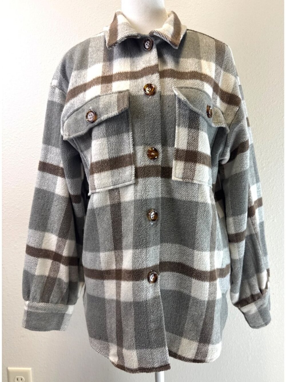 Plaid Button-Up Shacket Jacket Pockets Neutral Gray/Brown Tones Oversized Small